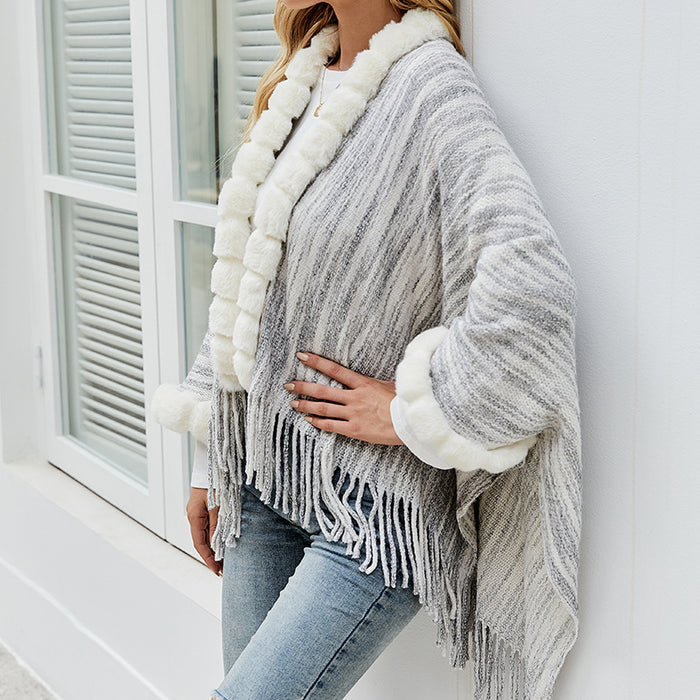 Autumn Winter Tassel Cape Shawl Sweater Women Fur Collar Cardigan Coat