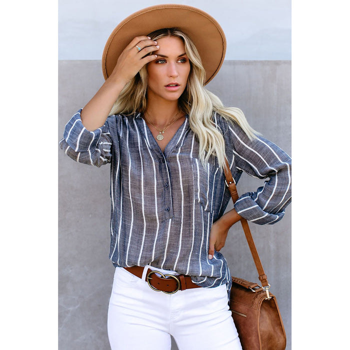 Autumn Women Striped Shirt Loose Single-Breasted Long Sleeve Top