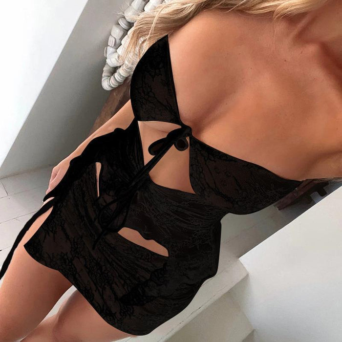 Summer Sexy Sexy Slim Lace Tube Top Tied Top Mid Length Skirt Set Women