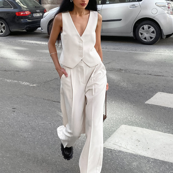 White V neck Sleeveless Waistcoat Vest Trousers High Grade Suit Women Clothing Summer