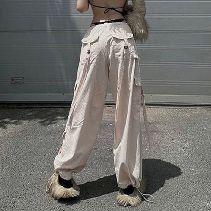 Street Drawstring Lace Ribbon Multi Pocket Workwear Casual Pants Low Waist Pleated Slimming Trousers