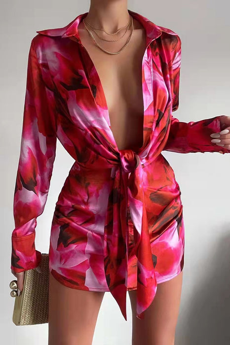 Sexy Women Wear Digital Printing Series Button Long Sleeve Shirt Dress