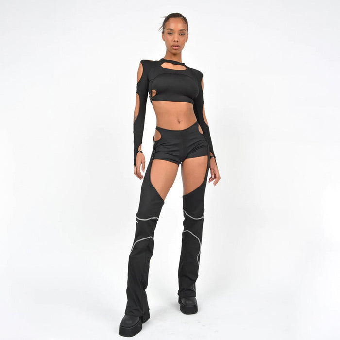 Women  Cool Gothic Cropped T shirt Hollow Out Cutout Shorts Stitching Leg Warmer Two Piece Set