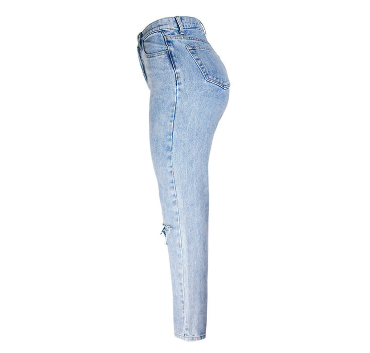 Jeans Women Casual Washed out Hole High Waist Straight Pants