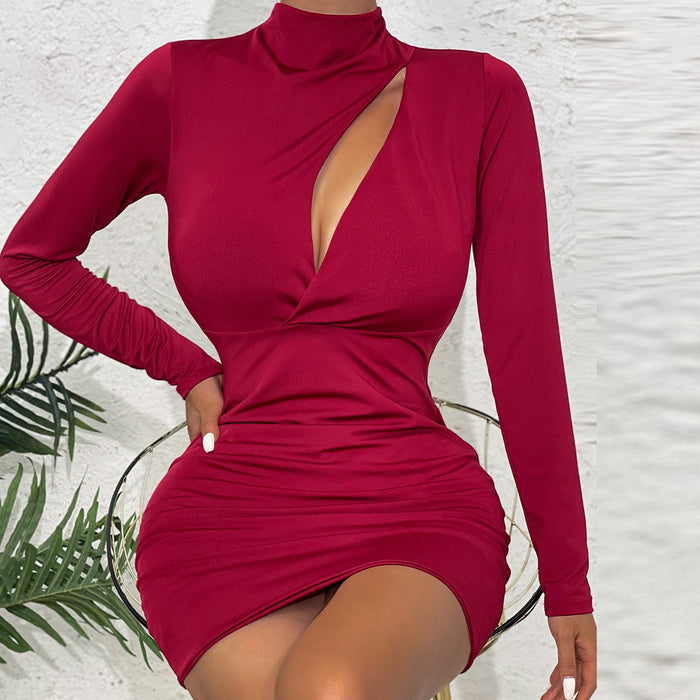 Spring Autumn High Neck Dress Sexy Hollow Out Cutout Sheath Slim Fit Long Sleeved Dress