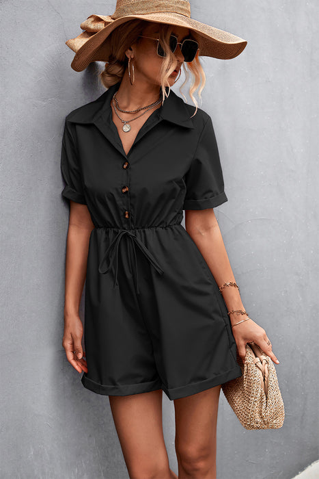 Spring Summer Popular Shirt Collar Short Sleeve Lace-up  Romper