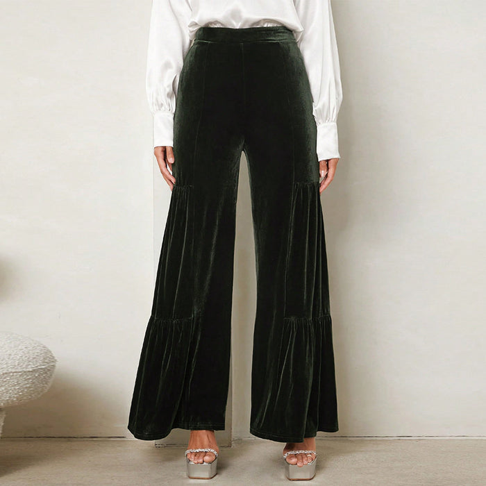 Dark Green Pleuche Wide Leg Pants Women Draping Effect Trousers High Waist Straight Loose Slimming Casual Pants