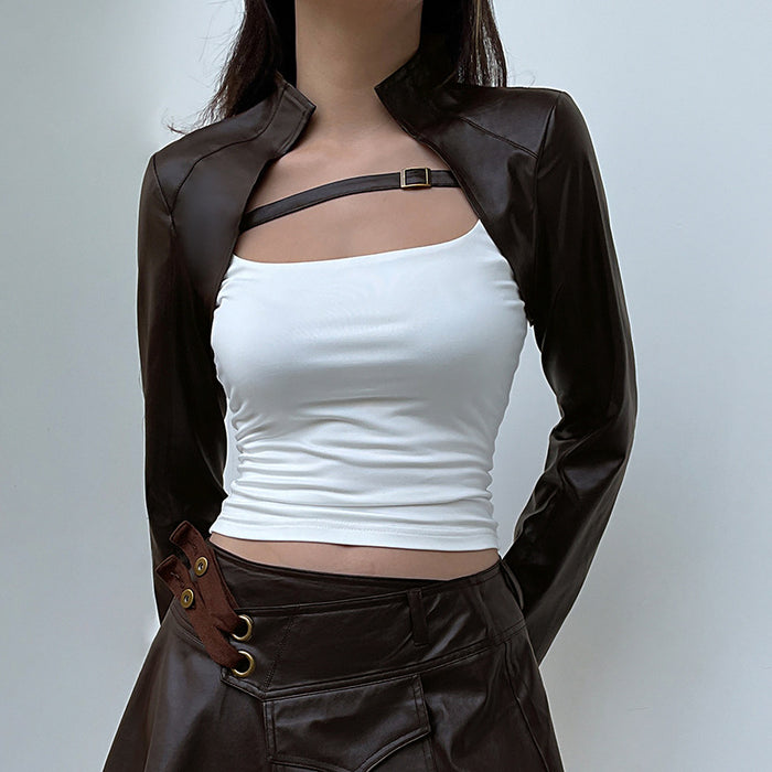 Shawl Leather Blouse Women Brown Personality Ultra Short Outerwear Coat Cardigan Short Jacket