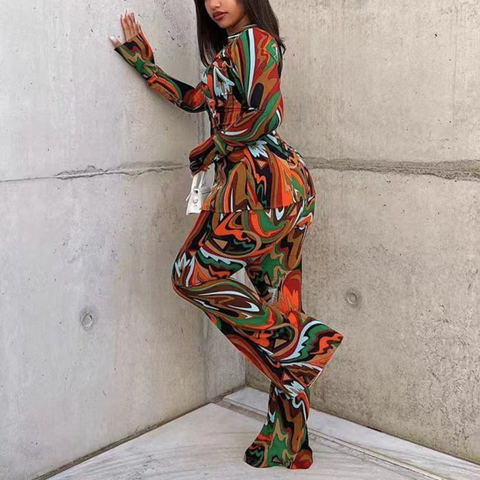 Fall Deep V Plunge Suit Women Sexy Print Shirt Wide Leg Pants Casual Two Piece Suit