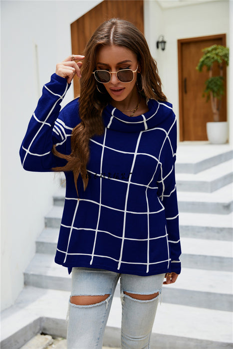 Winter Plaid Sweater Pullover Turtleneck Pullover Plaid Knitwear for Women