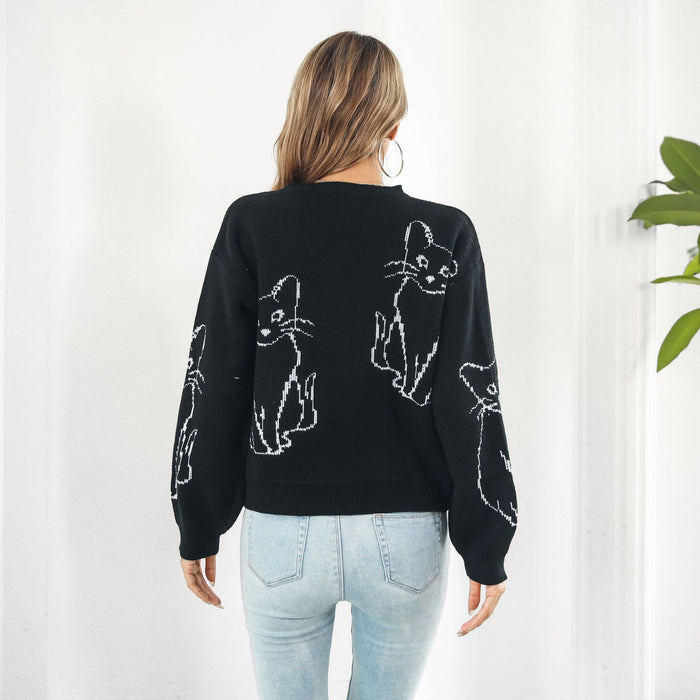 Cat Brocade Sweater Women Loose Autumn Winter Long Sleeve Knitwear Sweater