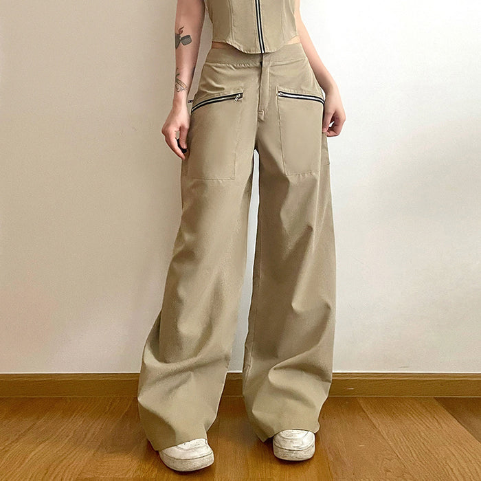 Tooling Street Sexy Pant Sets off Shoulder Bandeau Slim Fit Zipper Vest High Waist Loose Straight Trousers