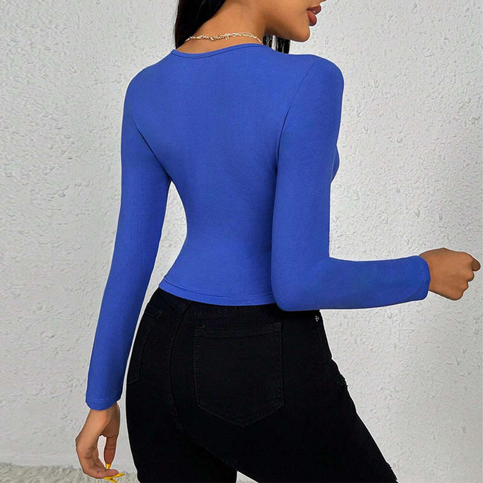 Autumn Winter Women  Slim Fit Short Square Collar Solid Color Long Sleeved T shirt Top