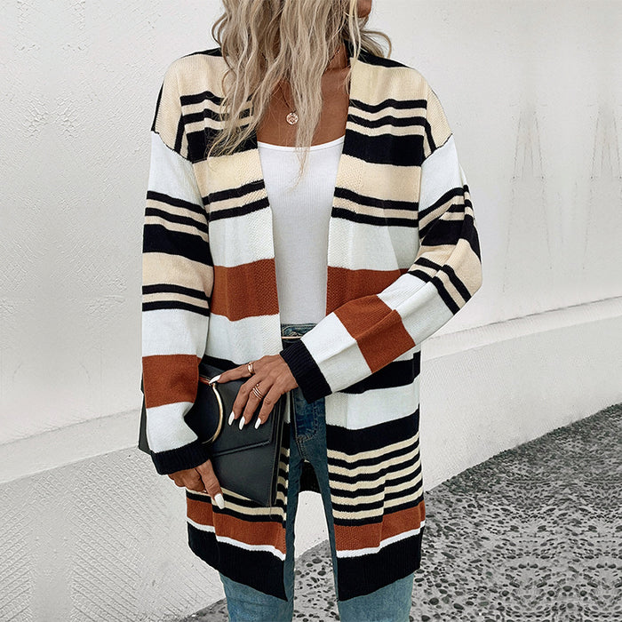 Autumn Winter Women Color Matching Long Sweater Cardigan