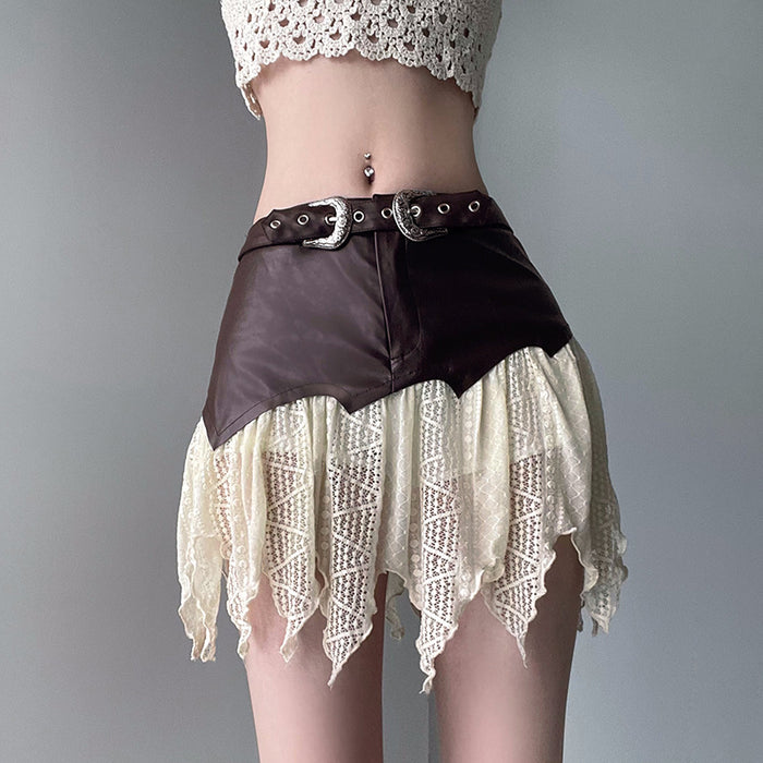 One Piece Leather Stitching Irregular Asymmetric Lace Skirt Street Tassel Sexy Skirt