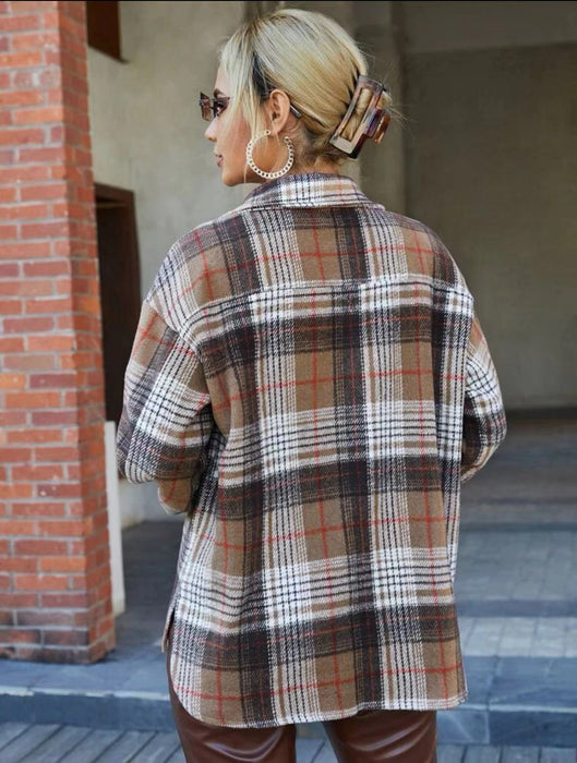 Autumn Winter Cardigan Casual Retro Plaid Collared Woolen Coat Women