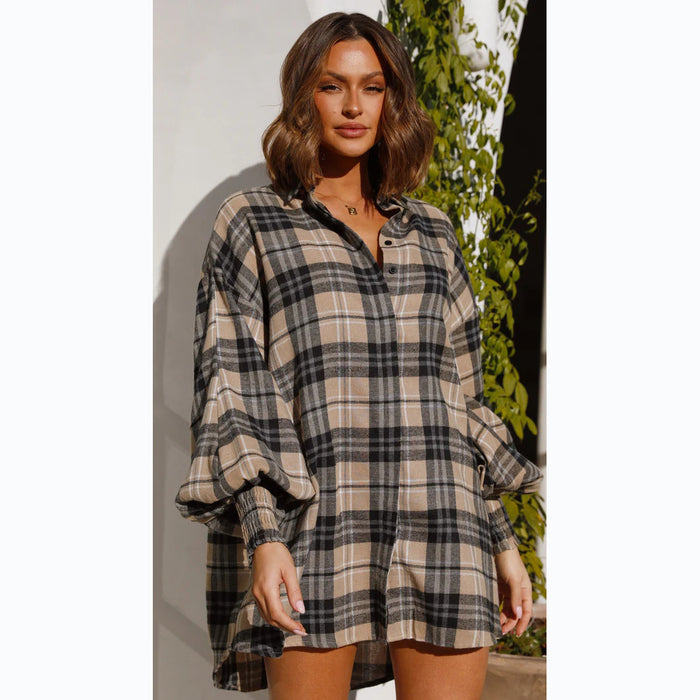 Casual  Years Autumn Winter Plaid Lantern Sleeve Long Sleeve Shirt