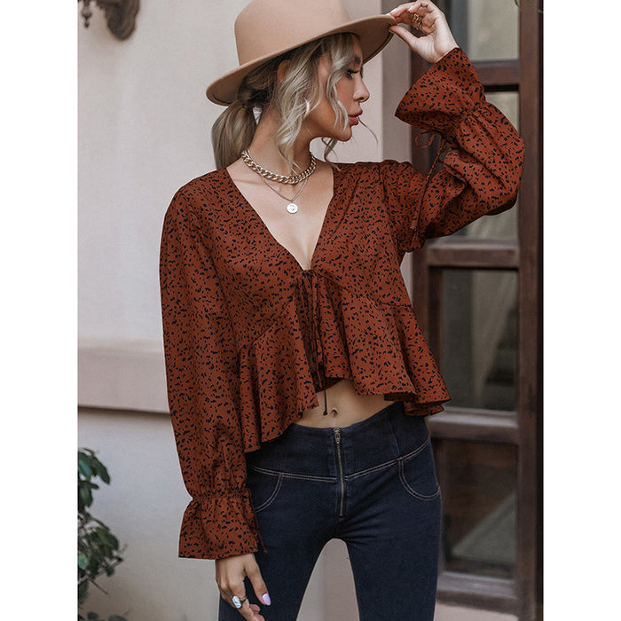 Flared Sleeves Long Sleeves Leopard Print Lace Up Sexy Cropped Ruffled Irregular Asymmetric