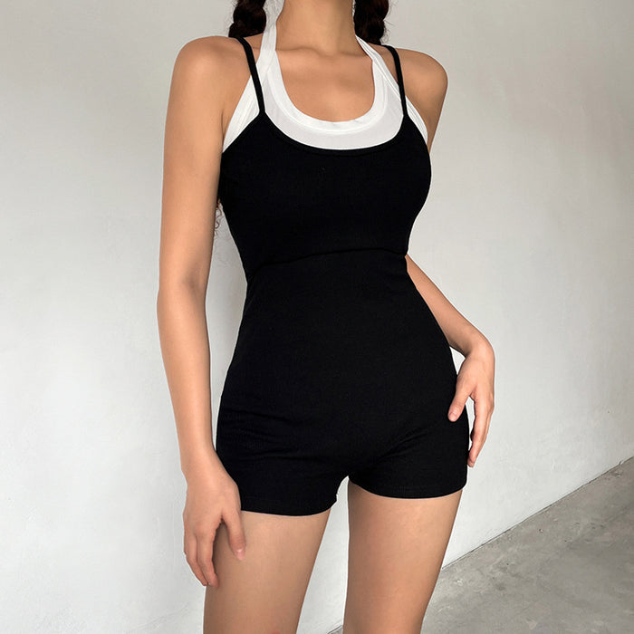 Women  Clothing Stitching Contrast Color Halter Strap Street Casual Sexy Strap Jumpsuit