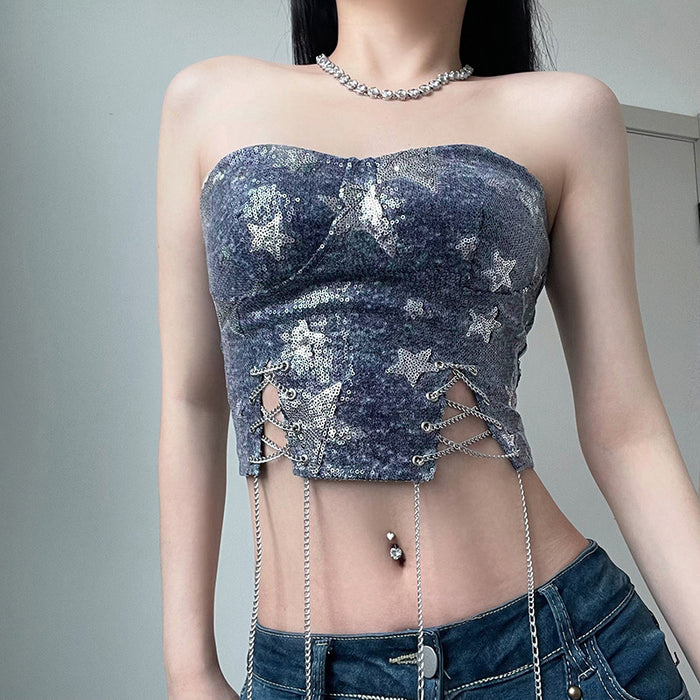 Denim Sequined Star Element Stitching Sexy Small Shawl Tube Top Drawstring Slim Fit Chain Split Inner Vest