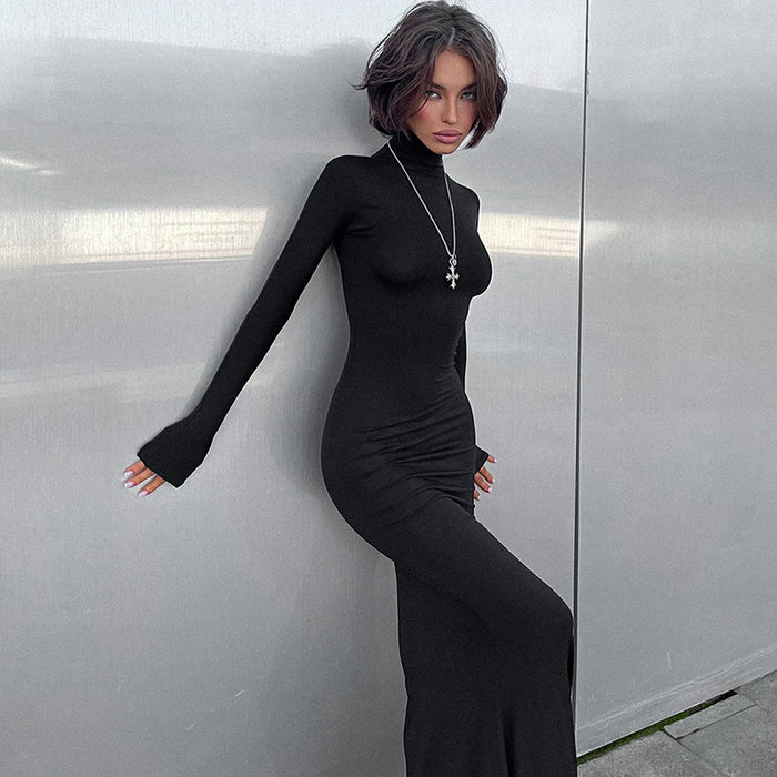 Women Clothing Autumn Solid Color Casual Turtleneck Long Sleeve Slim Fitting Basic Fishtail Dress