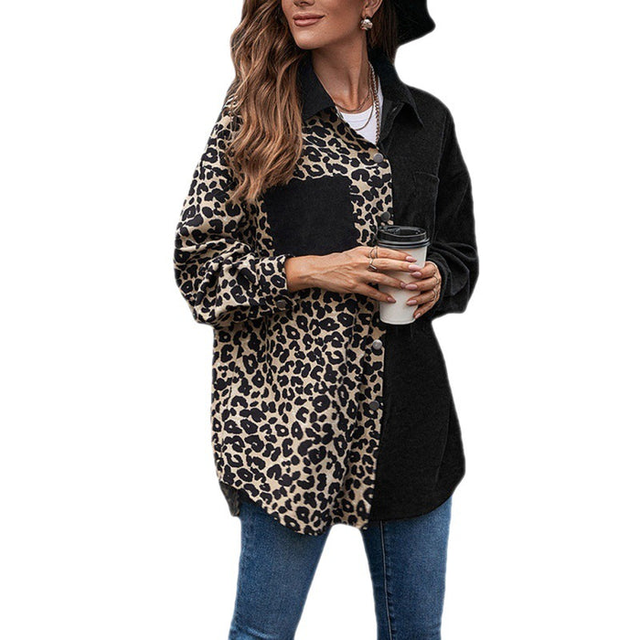 Casual Loose Leopard Print Long Sleeve Color Matching Single-Breasted Mid-Length Shirt plus Size Women Shirt Top for Women