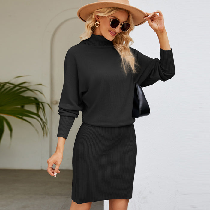 Elegant Women Solid Color Long Knitted Dress Simple Slimming Sheath High Collar Sweater Dress