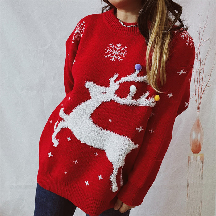 Autumn Winter Deer Snowflake Jacquard Colorful Ball Christmas Sweater Round Neck Knitted Pullover