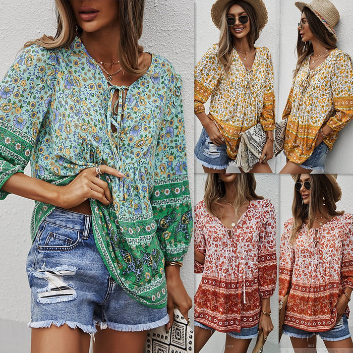 Bohemian Women Babydoll Top Spring Summer Print Shirt