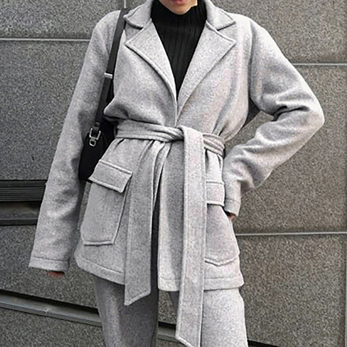 Fall Winter Women Clothing Office Gray Woolen Coat Set Two Piece Blazer Suit Set for Women