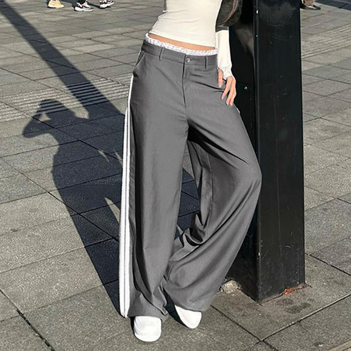 Street Women Clothing Straight Slim Fit Draping Mopping Pants High Waist Lace Ribbon Stitching Casual Wide Leg Trousers