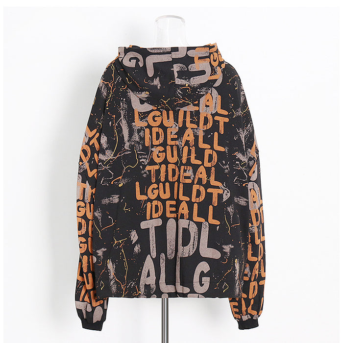 Trendy Autumn Unique Design Letter Graphic Print Loose Hooded Sweater Coat for Women