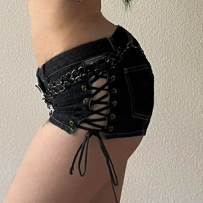 Street Sexy Low Waist Side Lace up Cutout Pure Pants Personality Denim Super Short Shorts