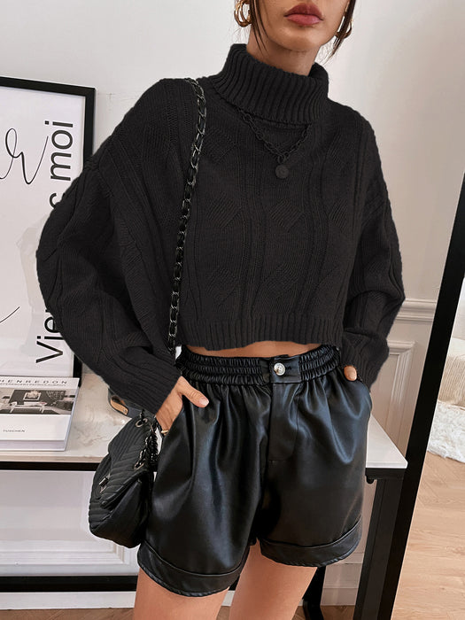 Autumn Winter Split Batwing Sleeve Cable Knit Turtleneck Sweater Women