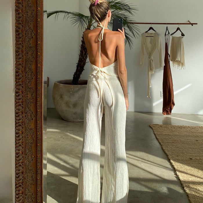 New Sexy Backless Spaghetti Straps Vest Beige Pleated Slim Fit Slit Blouse Pants