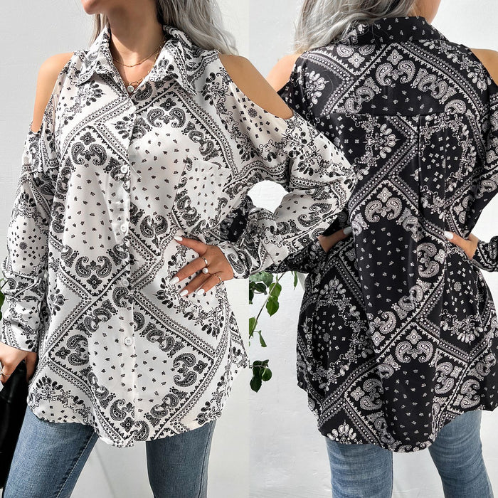 Women Single Breasted Printed off-Shoulder Shirt Autumn Winter Bohemian Top