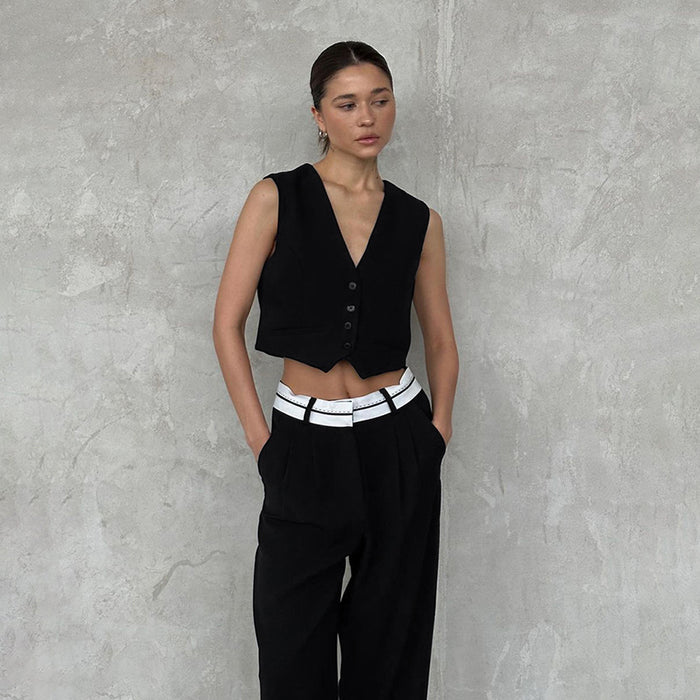 High Street Short Black Vest Contrast Color Straight Leg Pants Two Piece Women Summer Design Set