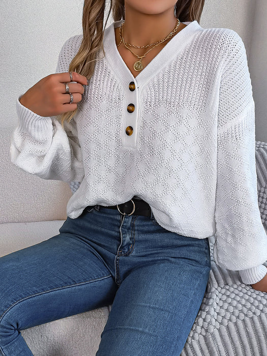 Autumn Winter Casual Loose V neck Buttons Lantern Sleeve Pullover Sweater Women Clothing