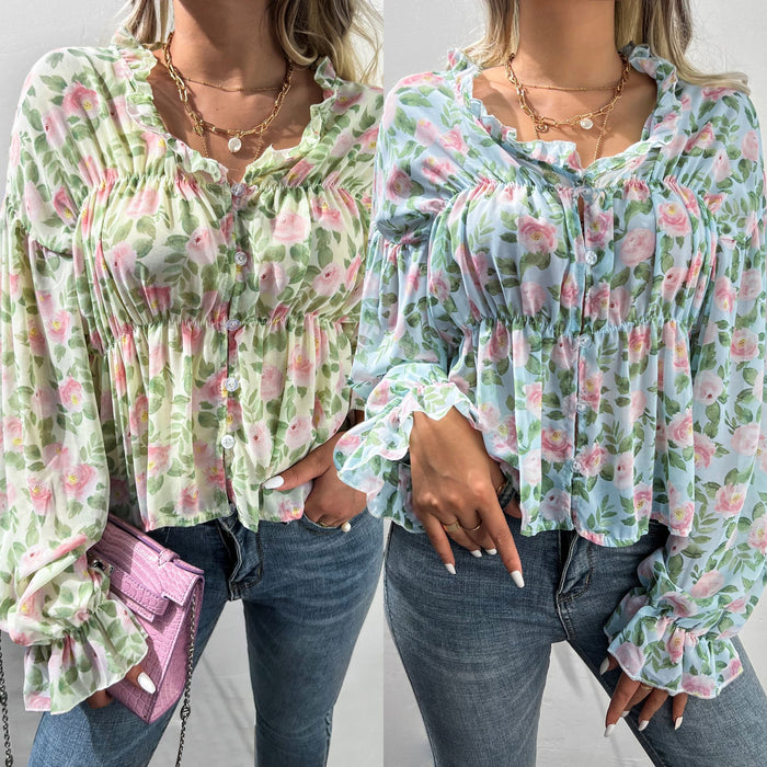 Autumn Winter Wooden Ear Printed Chiffon Shirt Bell Sleeve Floral Top