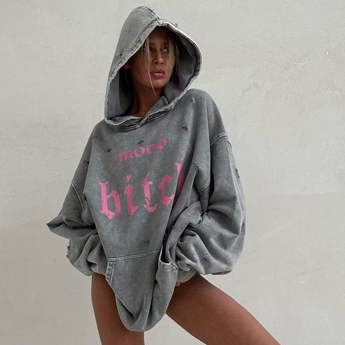 Street Worn Looking Washed-out Broken Letters Printed Hoodie Women Autumn Lazy Loose Pocket Coat