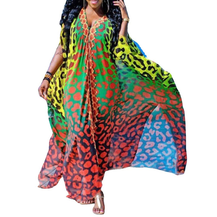 Spring New African Summer  Chiffon Elegant Floor Length V neck Single Breasted Dress Plus Size