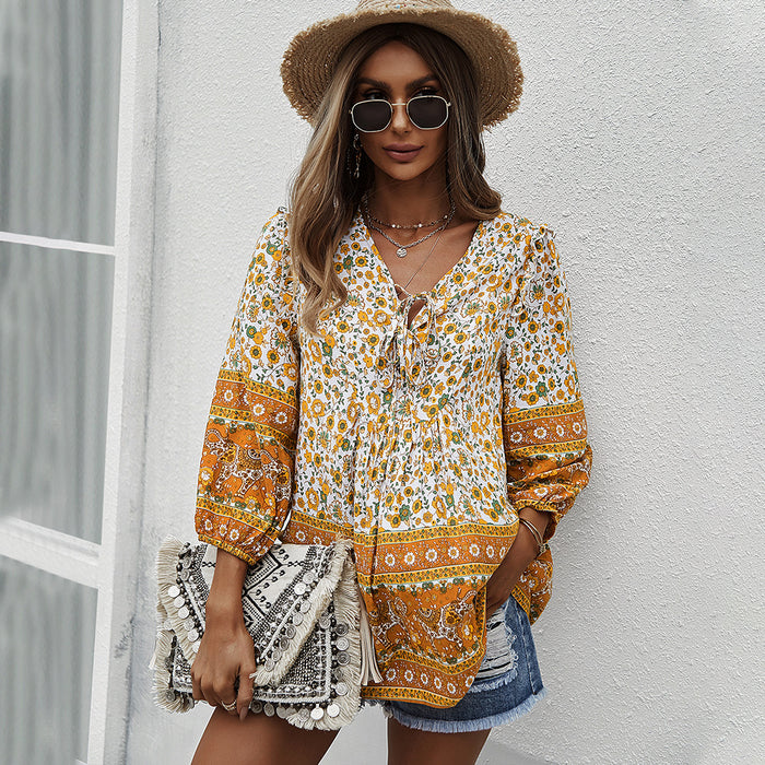 Bohemian Women Babydoll Top Spring Summer Print Shirt