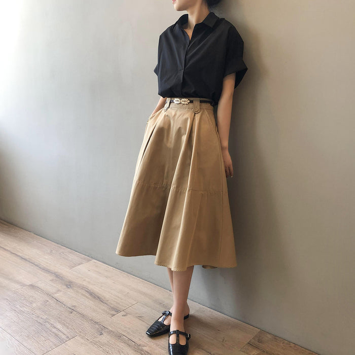 Solid Skirt Women Autumn French Loose Big Swing Mid Length Princess  No Blted Skirt