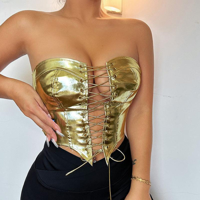 Metallic Coated Fabric Women Clothing Hipster Sexy Bandeau Sexy Top Waist Corset Slim Fit Tank Top