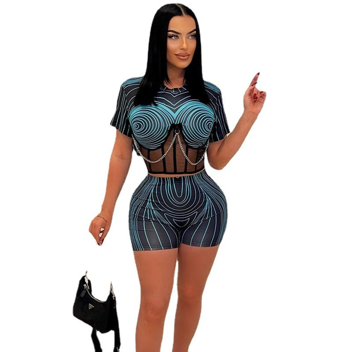 Women  Clothing Boning Corset Mesh See through Chain Stitching Top High Waist Shorts Line Printing Suit Two Piece Set