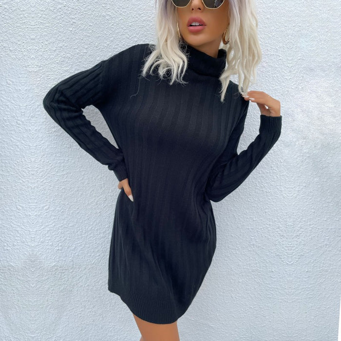 Autumn Winter Women Wear Sunken Stripe Turtleneck Long Sleeve Loose Sweater Dress