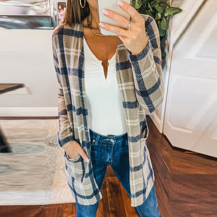 Khaki Plaid Pocket Top Women Autumn Thin Mid Length Outerwear