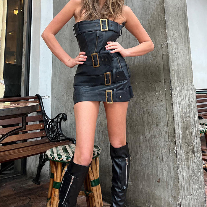 Street Leather Punk Sexy Irregular Asymmetric Tube Top Vest Belt Splicing Package Hip Skirt Two Piece Women Clothing