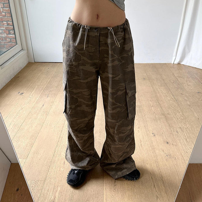 Summer Camouflage Contrast Color Low Waist Elastic Drawstring Pants Tooling Loose Pockets Casual Trousers