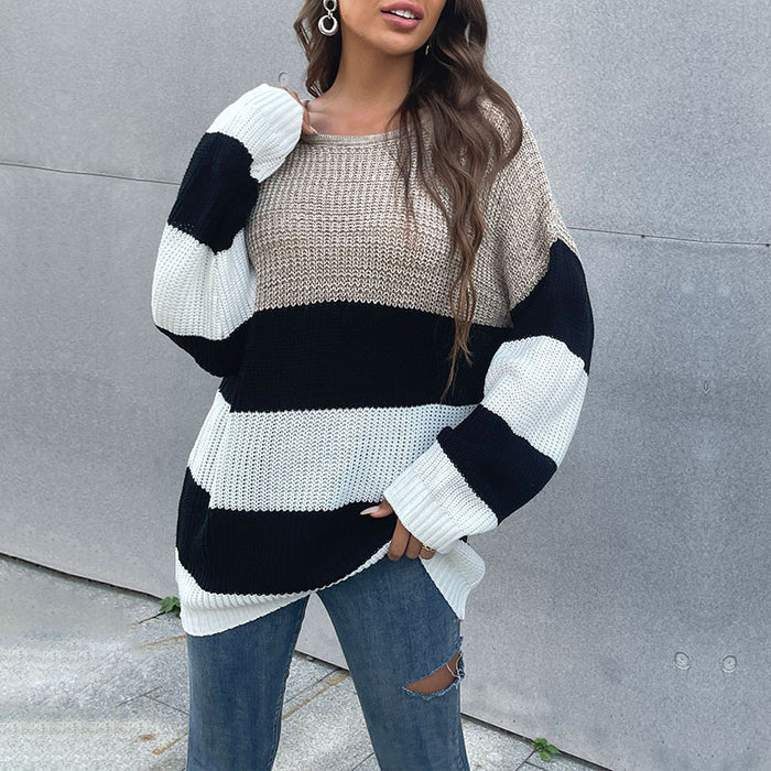 Autumn Inner Wear Mid Length Women Striped Round Neck Knitted Sweater for Women